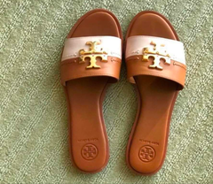 Tory Burch Everly Calf Leather Gold Logo Slide Sandals