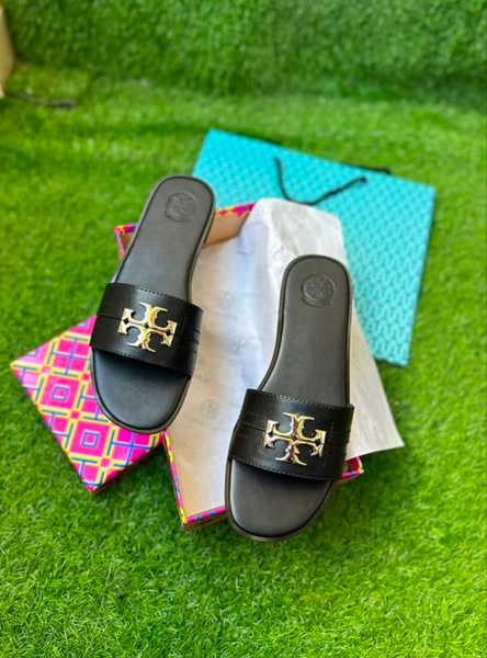 Tory Burch Everly Calf Leather Gold Logo Slide Sandals