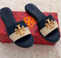 Tory Burch Everly Calf Leather Gold Logo Slide Sandals