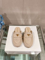 Prada Woven Round Flat Bottom Muller Half slippers