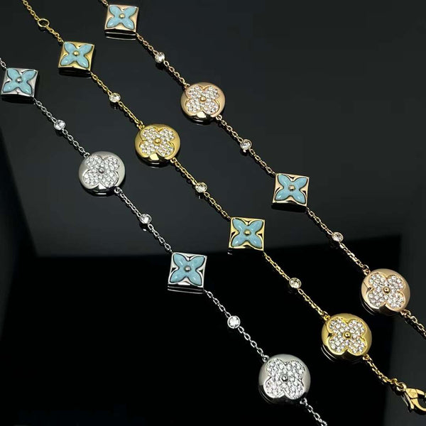 LV Bracelet New 4 Flowers With Diamonds Blue Turquoise